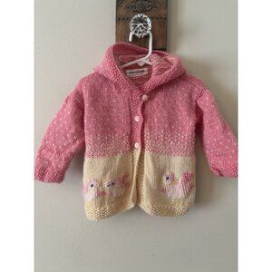 Vintage Handmade Girls Pink Yellow Hooded Sweater Chicks Chickens Hand Knit